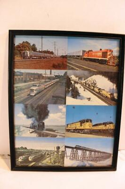 VINTAGE RAILROAD POSTERS/PRINTS - 8 POSTCARD COLLAGE- MIXED - FRAMED 12"X15"