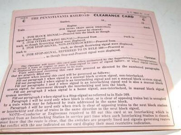PENNSYLVANIA RR  CLEARANCE CARD-TO PERMIT A TRAIN TO PASS A STOP SIGNAL  - M45