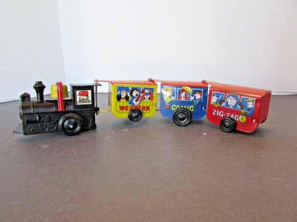 VINTAGE MTU TIN WIND UP TRAIN WESTERN COMIC ZIG-ZAG BELL RINGER 11" L KOREA  S1