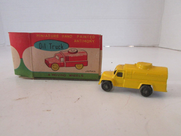 Vintage Miniature Hand Painted Antimony Yellow Oil Truck 2" Japan with Box H4