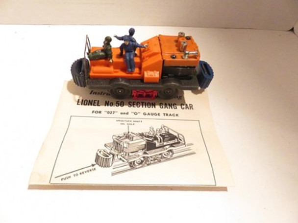 LIONEL TRAINS  POST-WAR #50 MOTORIZED GANG CAR W/3 MEN- RUNS OK- M9