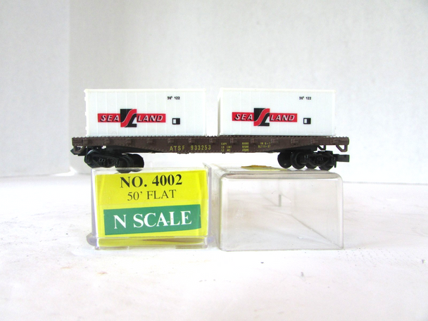 Model Power N Scale Trains 4002 50' Flat Car ATSF 933253 w/Containers Brown E5