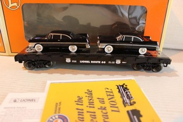 LIONEL 17557 STANDARD 'O' ROUTE 66 FLATCAR W/BLACK SEDANS- 0/027- NEW- H1A
