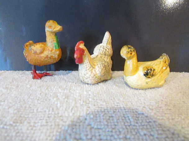 3 Putz Animal Figures  Plaster  Rooster w/metal Legs & 2  Ducks H5b