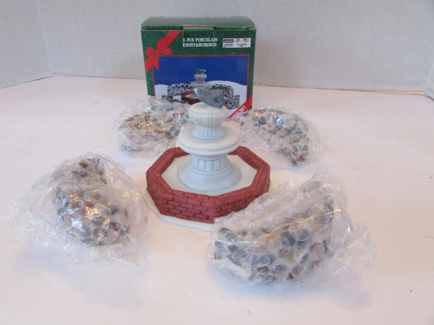 5 pc Porcelain Fountain & Benches  Set  CALDOR'S Village  Accessory Stone  L135