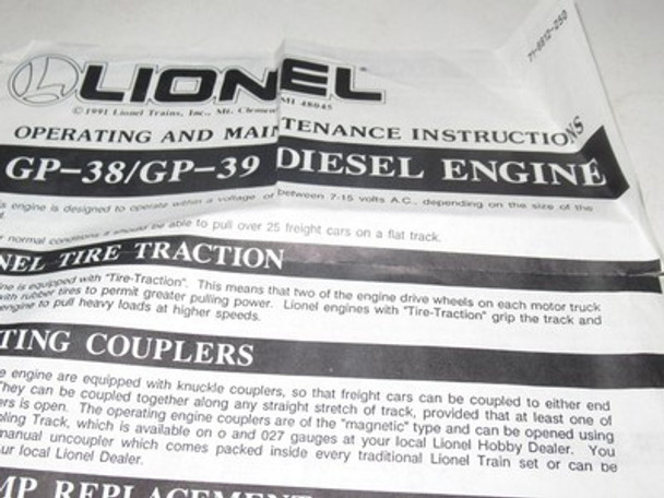 LIONEL INSTRUCTION SHEET- GP-38 / GP-39 DIESEL LOCOMOTIVE - GOOD - H26|297396471958