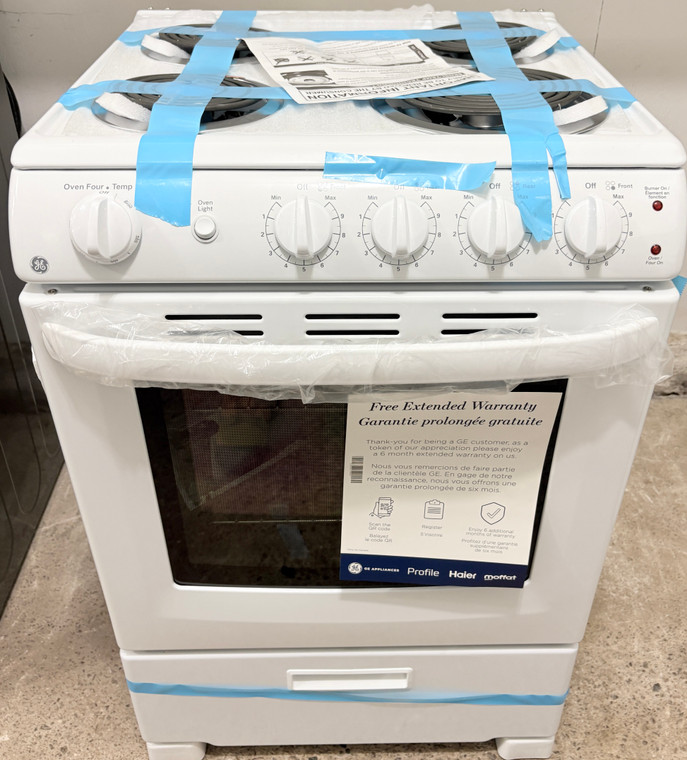 GE 24" Wide Open Box Apartment Size White Coil Top Stove, Free 60 Day Warranty
