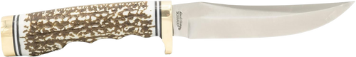 Uncle Henry 1100087 Next Gen Golden Spike 5" Fixed Plain Satin Polished Stainless Steel Blade, Brown Brass Accents Staglon Handle
