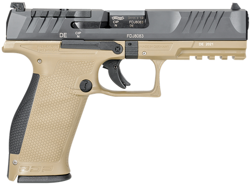 Walther Arms 2858380 PDP  9mm Luger 18+1 4.50" Black Polygonal Rifled Barrel, Black Optic Ready/Serrated Slide, Tan Polymer Frame w/Picatinny Rail, Black Performance Duty Texture Grips, Ambidextrous