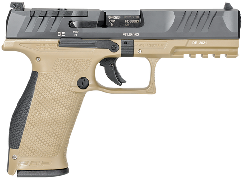 Walther Arms 2858380 PDP  9mm Luger 18+1 4.50" Black Polygonal Rifled Barrel, Black Optic Ready/Serrated Slide, Tan Polymer Frame w/Picatinny Rail, Black Performance Duty Texture Grips, Ambidextrous