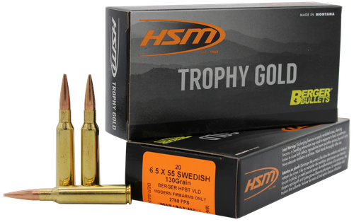 HSM 65X55130VLD Trophy Gold Extended Range 6.5x55 Swedish 130 gr Berger Hunting VLD Match 20 Per Box/ 25 Case