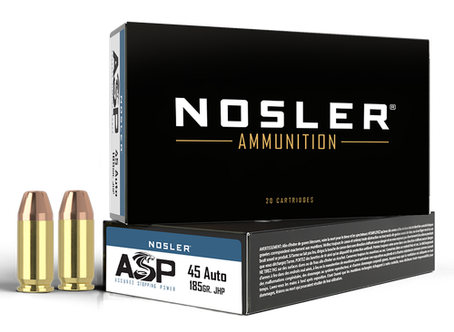 Nosler 51271 Assured Stopping Power Handgun 45ACP 185gr Jacketed Hollow Point 50 Per Box/10 Case