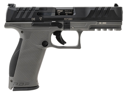 Walther Arms 2858371 PDP  9mm Luger 18+1 4.50" Black Polygonal Rifled Barrel, Black Optic Ready/Serrated Slide, Gray Polymer Frame w/Picatinny Rail, Black Performance Duty Texture Grips, Ambidextrous