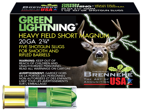 Brenneke SL202HFSGL Green Lightning Heavy Field Short Magnum 20Gauge 2.75" 1oz Slug Shot 5 Per Box/50 Case