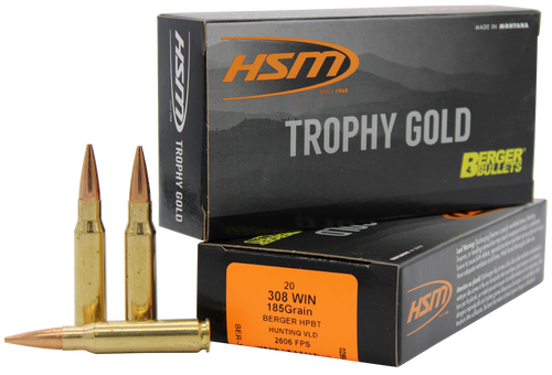 HSM 308185VLD Trophy Gold Extended Range 308 Win 185 gr Berger Hunting VLD Match 20 Per Box/ 25 Case