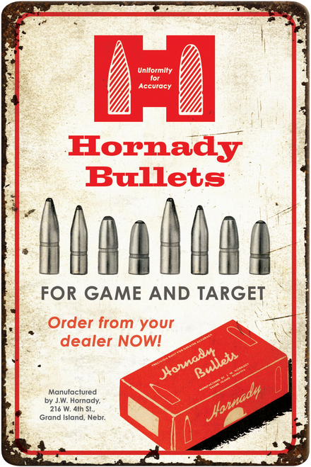 Hornady 99145 Bullets Tin Sign Rustic Red White Aluminum 12" x 18"