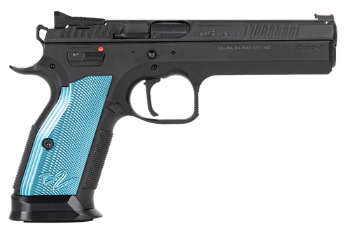 CZ-USA 91222 TS 2  40 S&W 17+1 5.28" Black Steel Barrel, Black Serrated Steel Slide, Black Polycoat Steel Frame w/Beavertail, Blue Checkered Aluminum Grip, Ambidextrous