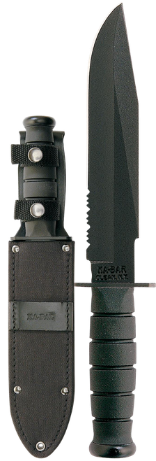 Ka-Bar 1271 Fighter  8" Fixed Clip Point Part Serrated Black 1095 Cro-Van Blade, Black Kraton G Handle, Includes Sheath