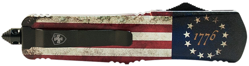 Templar Knife MBRF331 Gen II Betsy Ross Flag Slim 3.43" OTF Drop Point Plain Black Oxide Stonewashed Black 440C SS Blade, 5.05" Betsy Ross Flag Aluminum Handle Glass Breaker