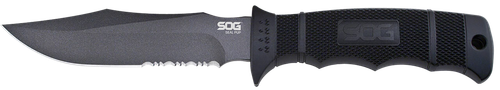S.O.G SOGM37K Seal Pup  4.75" Fixed Clip Point Part Serrated Powder Coated AUS-8A SS Blade Black w/Raised Diamond Pattern GRN Handle Includes Sheath