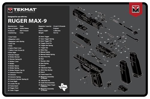 TekMat TEKR17RUGERMAX9 Ruger Max 9 Cleaning Mat Black/White Rubber 11"x17" Ruger Max 9 Parts Diagram