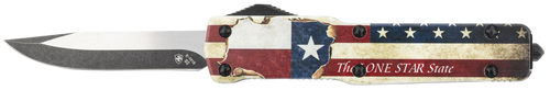 Templar Knife MZTX321 Premium Weighted Texan Slim 3.16" OTF Drop Point Plain Black Oxide Stonewashed D2 Steel Blade, 4.93" Red/White/Blue w/"The LONE STAR State" Aluminum Zinc Alloy Handle