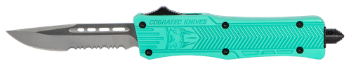 CobraTec Knives STFCTK1SDS CTK-1  Small 2.75" OTF Drop Point Part Serrated D2 Steel Blade/ Tiffany Blue Aluminum Handle Features Glass Breaker Includes Pocket Clip