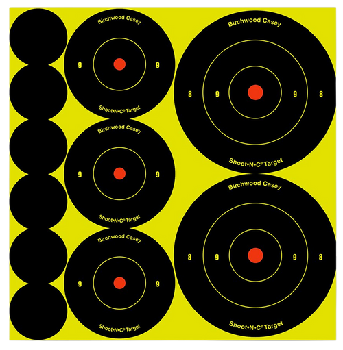 Birchwood Casey 34608 Shoot-N-C Reactive Target Variety Pack Self-Adhesive Paper Black/Yellow Bullseye 132 Pack