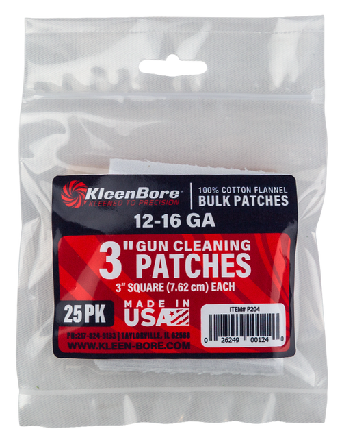 KleenBore P204 Super Shooter  12-16 Gauge Shotgun 3" 100% Cotton Flannel 25 Per Pack