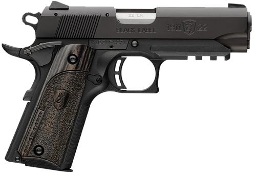 Browning 051817490 1911 Black Label Compact Frame 22 LR 10+1, 3.63" Stainless Steel Barrel, Matte Black Serrated Slide & Polymer Frame w/Beavertail & Picatinny Rail, Black Laminate Stippled Grip