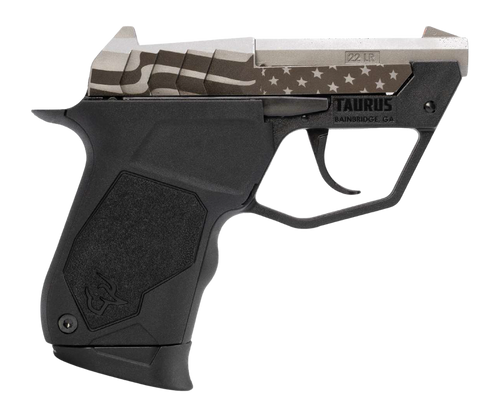 Taurus 1-22TUC139-USFLAG 22TUC  Micro-Compact Frame 22 LR 9+1 2.50" Stainless Tip-Up Barrel, Custom Engraved Serrated Slide, Black Polymer Frame