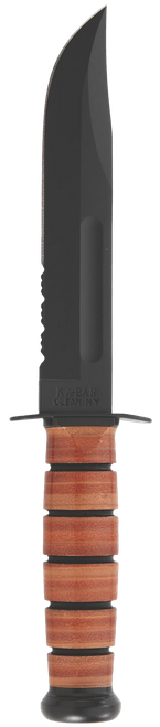 Ka-Bar 1218 USMC Fight/Utility 7" Fixed Clip Point Part Serrated Black 1095 Cro-Van Blade. Brown Leather Handle. Includes Sheath
