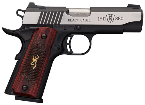 Browning 051913492 1911-380 Black Label Medallion Pro Compact 380 ACP 8+1, 3.63" Target Crown Steel Barrel, Blackened w/Silver Polished Flats Serrated SS Slide, Matte Black Polymer Frame w/Beavertail