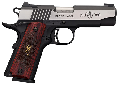 Browning 051913492 1911-380 Black Label Medallion Pro Compact 380 ACP 8+1, 3.63" Target Crown Steel Barrel, Blackened w/Silver Polished Flats Serrated SS Slide, Matte Black Polymer Frame w/Beavertail