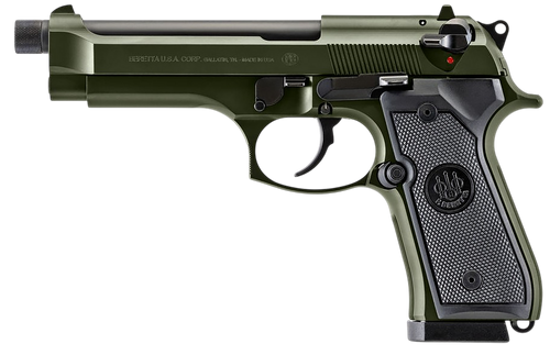 Beretta USA J92F300GRTB18 92FS  Full Size 9mm Luger 18+1 5.10" Black Threaded Barrel, OD Green Cerakote Serrated Slide, OD Green Cerakote Aluminum Frame w/Beavertail, Black Textured Grip