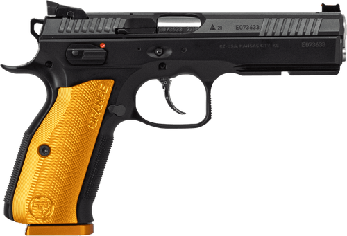 CZ-USA 91248 Shadow 2  9mm Luger 17+1 4.89" Stainless Steel Barrel, Black Nitride Optic Cut/Serrated Slide, Black Steel Frame w/Beavertail & Picatinny Rail, Orange Checkered Aluminum Grip