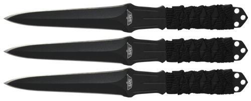 Uzi Accessories UZKTRW003 Throwing Knives  3" Fixed Straight Back Plain Black Stainless Steel Blade Black Nylon Cord Wrapped Handle