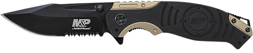 Smith & Wesson Knives SWP13BSCP M&P  3.50" Folding Drop Point Part Serrated Stonewashed 8Cr13MoV SS Blade/Black & Tan Aluminum Handle Includes Pocket Clip