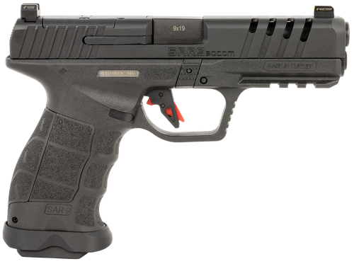 SAR USA SAR9SOCOMBL SAR9 SOCOM 9mm Luger 21+1 5.20" Black Steel Barrel, Black Steel Optic Ready/Ported/Serrated Slide, Black Polymer Frame w/Picatinny Rail, Interchangeable Backstrap Grip, Right Hand
