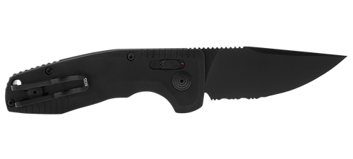 S.O.G SOG-15-38-08 SOG-TAC Auto Compact 2.94" Folding Straight Back Part Serrated Black TiNi Cryo D2 Steel Blade Black Micro-Textured Anodized Aluminum Handle Includes Pocket Clip
