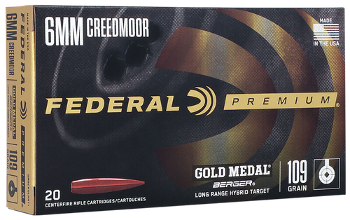 Federal GM6CRDLRHT1 Premium Gold Medal 6mmCreedmoor 109gr Berger Long Range Hybrid Target 20 Per Box/10 Case