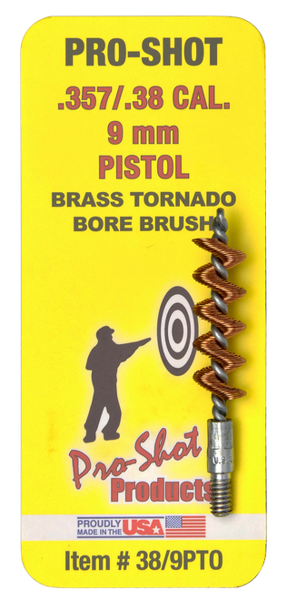 Pro-Shot 389PTO Tornado Bore Brush .38/ 9mm Cal Pistol #8-32 Thread Brass Spiral Wound Loop