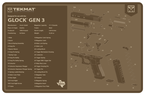 TekMat TEKR17GLOCKG3FDE Glock Gen 3 Cleaning Mat Flat Dark Earth Rubber 11"x17" Glock Gen 3 Parts Diagram