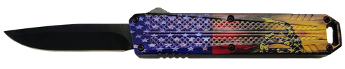 Xcaliber Knife Company  Don't Tread on Me  Medium 3.20" OTF Drop Point Plain Black 440C SS Blade, 4.80" US Flag Aluminum Handle