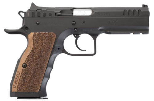Tanfoglio IFG TFSTOCKI9 Defiant Stock I 9mm Luger Caliber with 4.50" Barrel, 16+1 Capacity, Overall Black Finish Steel, Picatinny Rail/Beavertail Frame, Serrated Slide & Wood Grip