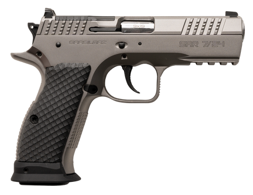 Sarsilmaz SAR7/24 7/24  9mm Luger 17+1 4.40" Stainless Barrel, Matte Stainless Steel Optic Cut/Serrated Slide, Matte Stainless Steel Frame w/Beavertail & Picatinny Rail, Black Polymer Grip