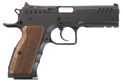 Tanfoglio IFG TFSTOCKI9 Defiant Stock I 9mm Luger Caliber with 4.50" Barrel, 16+1 Capacity, Overall Black Finish Steel, Picatinny Rail/Beavertail Frame, Serrated Slide & Wood Grip
