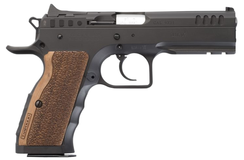 Tanfoglio IFG TFSTOCKI9 Defiant Stock I 9mm Luger Caliber with 4.50" Barrel, 16+1 Capacity, Overall Black Finish Steel, Picatinny Rail/Beavertail Frame, Serrated Slide & Wood Grip
