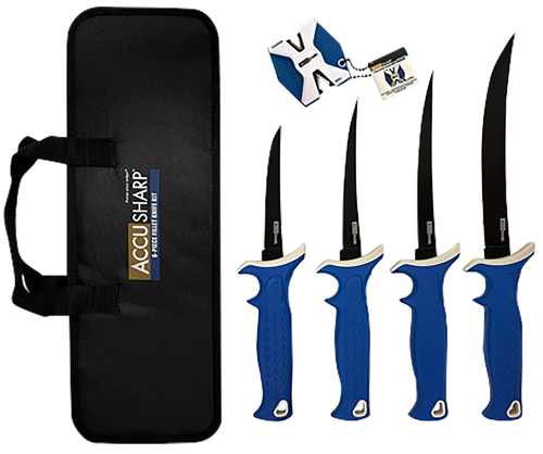 AccuSharp 737C Knife Kit  4.75/5.50/6.50/8" Fixed Fillet Plain Satin Stainless Steel Blade/ Blue Non-Slip Grip TPR Handle Includes 2-Step Sharpener