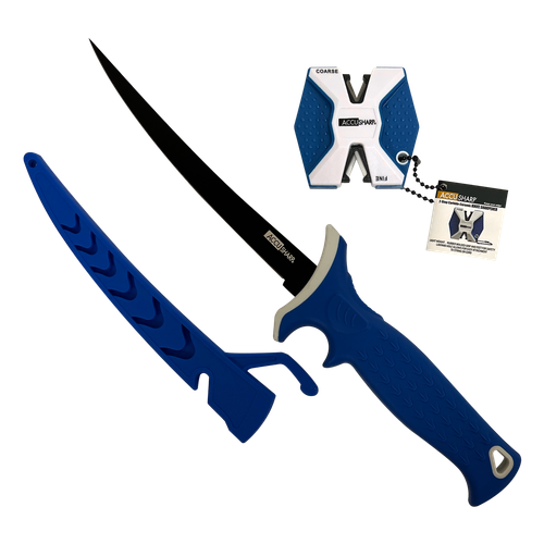 AccuSharp 736C Fillet w/Sharpener  6.50" Fixed Fillet Plain Satin Titanium Coated Stainless Steel Blade/Royal Blue Ergonomic Anti-Slip Rubber Handle Includes 2-Step Sharpener